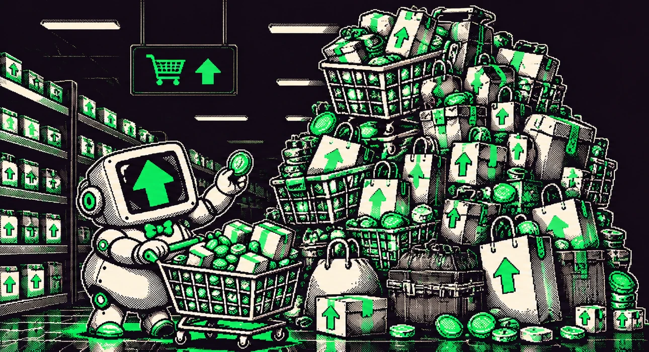 The robot holding up one more coin next to a pile of bags and carts far taller than he is