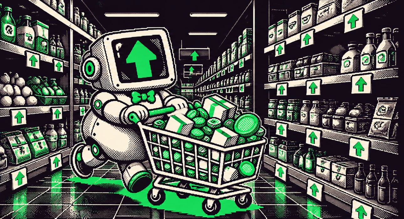 The robot racing his full cart down a supermarket aisle where every price tag shows a green arrow up